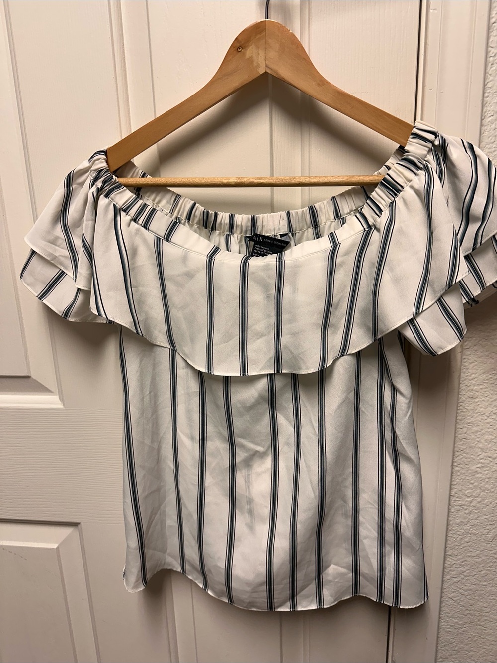 Armani Exchange White and Navy Striped Off-Shoulder Ruffle Top
